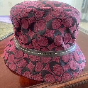 Coach Signature Monogram Canvas Bucket Hat with Brown Leather Trim